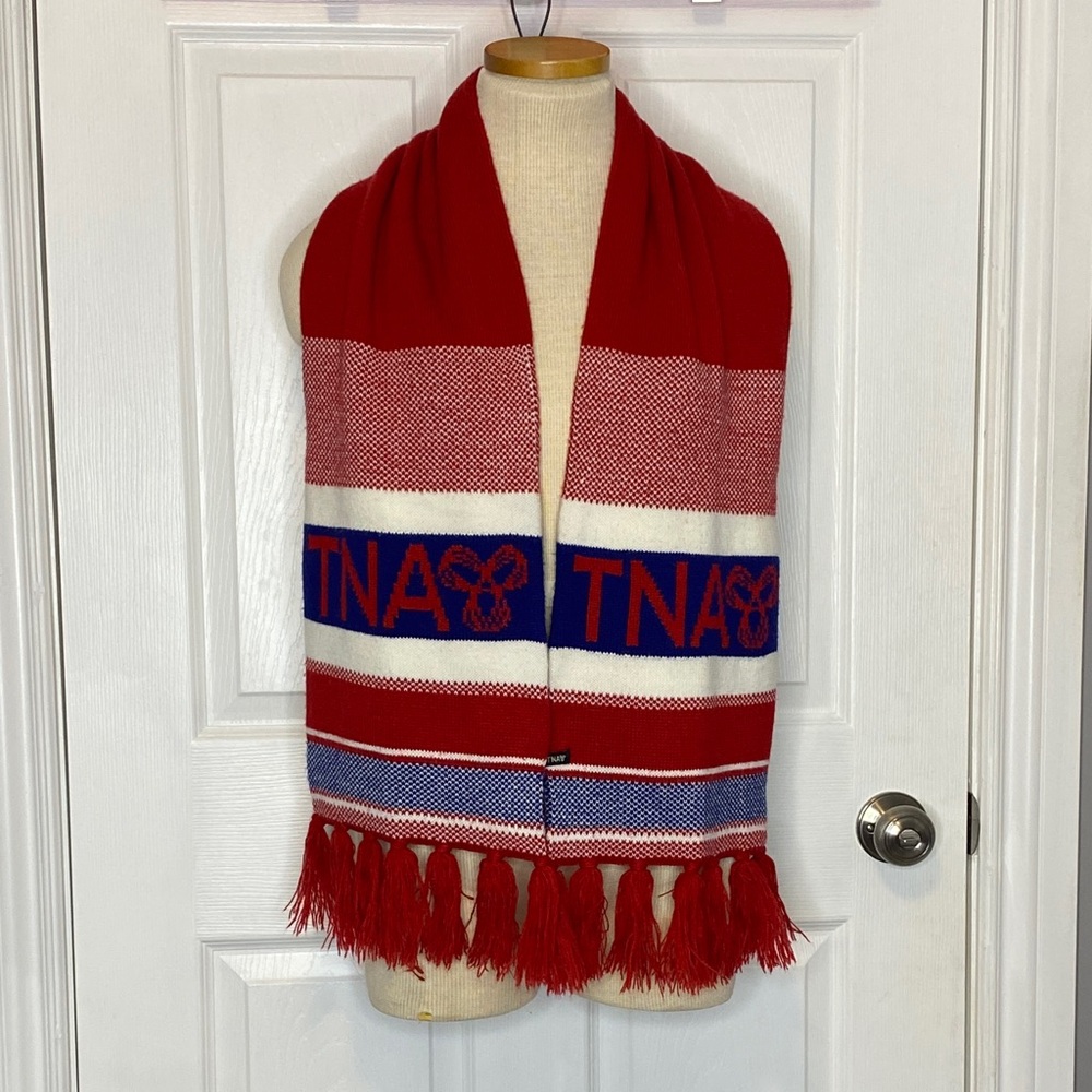 TNA Aritzia Red White Blue Logo Knit‎ Scarf Fringe OS - Picture 3 of 9